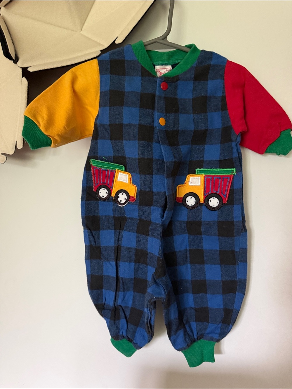 Vintage Buster Brown primary color block plaid dump truck onesie 3-6 months 90’s